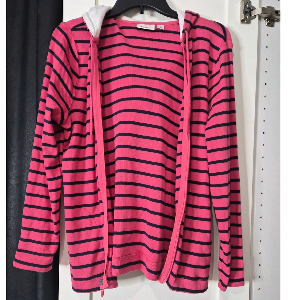 LLBean Pink Navy Stripe Full Zip Hoodie Sweatshirt Lightweight‎ Cotton Size M
